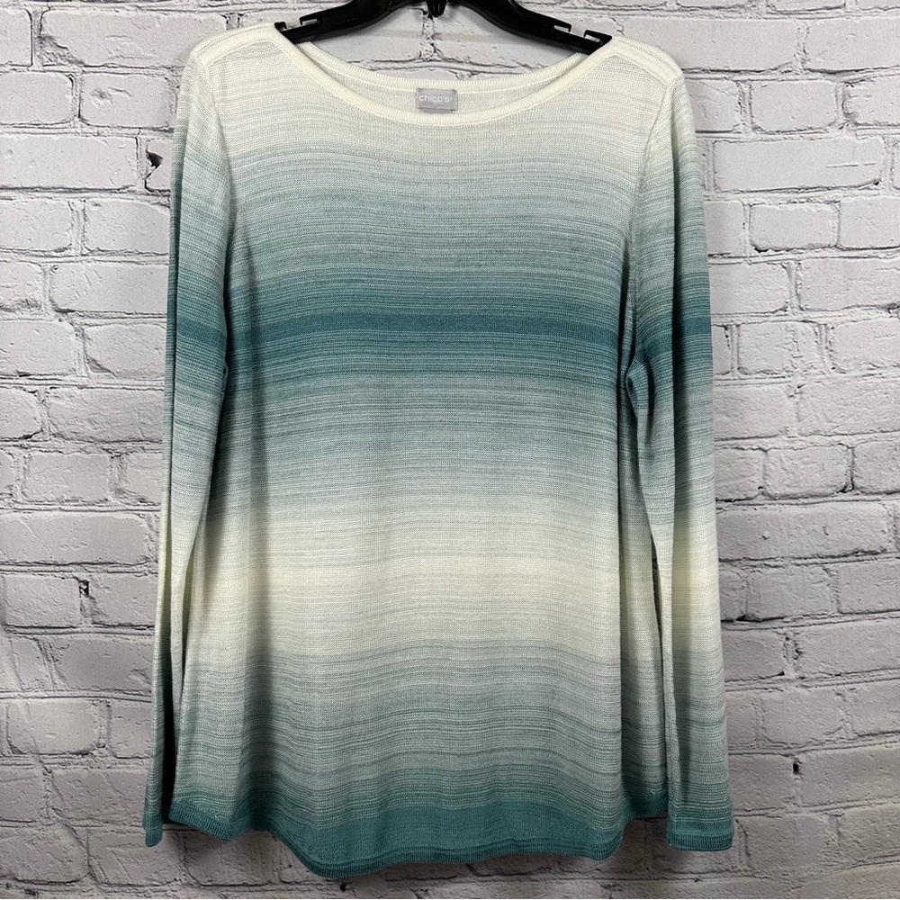 Chico’s Ombré Bateau Boatneck Sweater Cotton Blend Green & Ivory Size 2 (L/12)